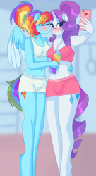 Size: 1280x2358 | Tagged: safe, artist:xjenn9, imported from derpibooru, rainbow dash, rarity, anthro, pegasus, unicorn, blushing, cellphone, cheek kiss, clothes, eye clipping through hair, eyebrows, eyebrows visible through hair, eyes closed, female, gym, kiss on the cheek, kissing, lesbian, phone, ponytail, raridash, selfie, shipping, shorts, smiling, sports bra, sweat