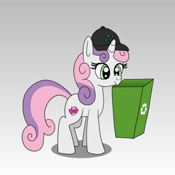 Size: 1280x1280 | Tagged: safe, artist:platinumdrop, imported from derpibooru, sweetie belle, pony, unicorn, baseball cap, cap, female, filly, gradient background, hat, mouth hold, recycle bin, request, simple background, solo
