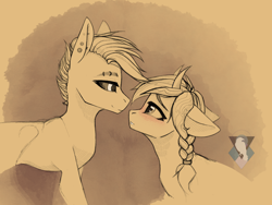 Size: 2048x1536 | Tagged: safe, artist:alrumoon.art, artist:alrumoon_art, imported from derpibooru, oc, oc only, pony, abstract background, black sclera, braid, duo, ear piercing, eyebrow piercing, horns, looking into each others eyes, monochrome, piercing