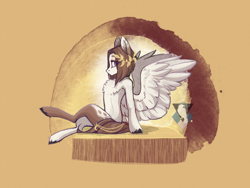 Size: 2048x1536 | Tagged: safe, artist:alrumoon.art, artist:alrumoon_art, imported from derpibooru, oc, oc only, pegasus, pony, abstract background, chest fluff, partially open wings, profile, sitting, solo, wings