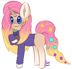 Size: 717x682 | Tagged: safe, artist:pasteldraws, imported from derpibooru, pony, unicorn, clothes, flower, flower in hair, freckles, redesign, simple background, solo, sweater, transparent background