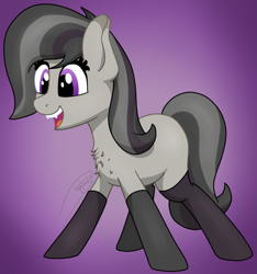 Size: 995x1063 | Tagged: safe, artist:soctavia, imported from derpibooru, oc, oc only, oc:rocky karst, earth pony, hybrid, kirin, blank flank, chest fluff, clothes, cute, cute little fangs, fangs, female, freckles, happy, open mouth, simple background, smiling, socks, solo