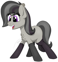 Size: 995x1063 | Tagged: safe, artist:soctavia, imported from derpibooru, oc, oc only, oc:rocky karst, earth pony, hybrid, kirin, blank flank, chest fluff, clothes, cute, cute little fangs, fangs, female, freckles, happy, open mouth, simple background, smiling, socks, solo, transparent background
