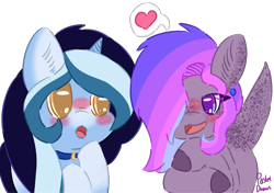 Size: 969x682 | Tagged: safe, artist:pasteldraws, imported from derpibooru, oc, oc:eclipse, oc:hiro, pony, unicorn, blushing, dino pony, flirting, freckles, jewelry, necklace, shipping, simple background, transparent background