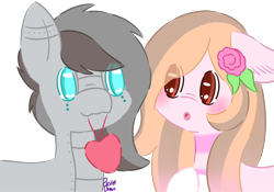 Size: 976x682 | Tagged: safe, artist:pasteldraws, imported from derpibooru, oc, oc:aurelio, oc:juliet, earth pony, pony, robot, robot pony, blushing, heart, mouth hold, shipping, simple background, transparent background