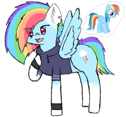 Size: 739x682 | Tagged: safe, artist:pasteldraws, imported from derpibooru, rainbow dash, pegasus, pony, alternate timeline, backwards cutie mark, clothes, hoodie, redesign, scar, simple background, solo, transparent background