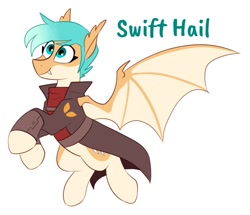 Size: 1041x895 | Tagged: safe, artist:redxbacon, imported from derpibooru, oc, oc only, oc:swift hail, bat pony, pony, bat pony oc, bat wings, cape, clothes, fangs, simple background, smiling, solo, white background, wings