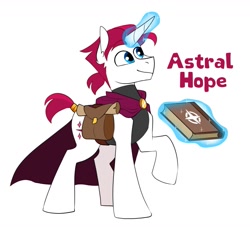 Size: 1701x1547 | Tagged: safe, artist:redxbacon, imported from derpibooru, oc, oc only, oc:astral hope, pony, unicorn, bag, book, brooch, cloak, clothes, horn, jewelry, magic, male, raised hoof, ring, saddle bag, simple background, solo, stallion, tail, tail ring, unicorn oc, white background