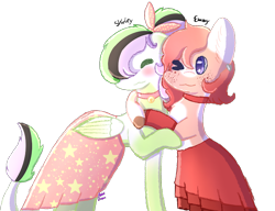 Size: 886x682 | Tagged: safe, artist:pasteldraws, imported from derpibooru, oc, oc:emmy, oc:shirley, earth pony, pegasus, pony, best friends, bow, clothes, freckles, hug, jewelry, long tail, necklace, ponytail, simple background, skirt, transparent background