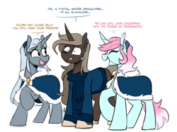 Size: 1982x1484 | Tagged: safe, artist:redxbacon, imported from derpibooru, oc, oc only, oc:history quill, oc:parch well, oc:spell bound, pony, unicorn, cloak, clothes, female, headband, horn, mare, scarf, simple background, trio, unicorn oc, white background