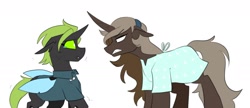 Size: 1986x854 | Tagged: safe, artist:redxbacon, imported from derpibooru, oc, oc only, oc:hops (redxbacon), oc:parch well, changeling, pony, unicorn, changeling oc, green changeling, horn, hospital gown, nurse, unicorn oc