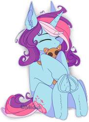 Size: 1708x2340 | Tagged: safe, artist:mediasmile666, imported from derpibooru, oc, oc only, oc:rain, pony, unicorn, commission, cutie mark, eye clipping through hair, eyes closed, female, hoof fluff, hoof hold, hooves to the chest, hug, mare, plushie, simple background, sitting, solo, teddy bear, transparent background, underhoof