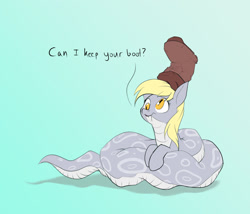 Size: 1280x1098 | Tagged: safe, artist:rocket-lawnchair, imported from derpibooru, derpy hooves, lamia, original species, snake, snake pony, boot, dialogue, female, lamiafied, simple background, smiling, snerpy, solo, species swap, there's a snake in my boot