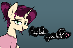 Size: 1774x1172 | Tagged: safe, artist:pinkberry, imported from derpibooru, oc, oc only, oc:mulberry merlot, pony, unicorn, bedroom eyes, clothes, colored sketch, female, flirting, freckles, heart, imminent foalcon, looking at you, mulberry is a foalslut, shirt, solo, speech, t-shirt, talking, tattoo, text