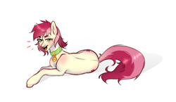 Size: 2733x1581 | Tagged: safe, artist:azaani, imported from derpibooru, roseluck, pony, collar, commission, commissioner:doom9454, cute, fangs, lying down, pet tag, pony pet, rosepet