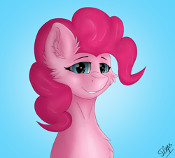 Size: 2976x2688 | Tagged: safe, artist:flapstune, imported from derpibooru, pinkie pie, earth pony, pony, blue background, bust, cheek fluff, chest fluff, ear fluff, female, fluffy, high res, looking at you, mare, signature, simple background, smiling, solo