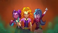 Size: 1920x1080 | Tagged: safe, artist:beefgummies, imported from derpibooru, adagio dazzle, aria blaze, sonata dusk, human, siren, equestria girls, rainbow rocks, antagonist, clothes, cute, dark magic, disguise, disguised siren, evil grin, female, gem, grin, hand on hip, looking at you, magic, open mouth, siren gem, skirt, smiling, smoke, the dazzlings, trio, villainess