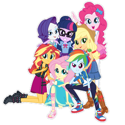 Size: 700x701 | Tagged: artist needed, safe, imported from derpibooru, applejack, fluttershy, pinkie pie, rainbow dash, rarity, sci-twi, sunset shimmer, twilight sparkle, equestria girls, equestria girls series, clothes, converse, glasses, group shot, hasbro, hasbro studios, humane five, humane seven, humane six, looking at you, shoes, simple background, sneakers, transparent background, vector, white outline
