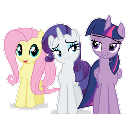 Size: 555x495 | Tagged: artist needed, safe, imported from derpibooru, fluttershy, rarity, twilight sparkle, alicorn, pegasus, pony, unicorn, female, looking at you, open mouth, simple background, teeth, transparent background, trio, trio female, twilight sparkle (alicorn), vector, white outline