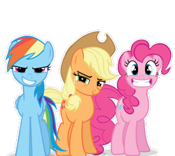 Size: 555x495 | Tagged: artist needed, safe, imported from derpibooru, applejack, pinkie pie, rainbow dash, earth pony, pegasus, pony, applejack's hat, cowboy hat, female, gritted teeth, hat, looking at you, simple background, teeth, transparent background, trio, trio female, vector, white outline