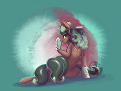 Size: 2048x1536 | Tagged: safe, artist:alrumoon_art, imported from derpibooru, oc, oc only, earth pony, pony, abstract background, backwards ballcap, baseball cap, cap, chest fluff, converse, hat, looking at you, shoes, smiling, solo, tentacles