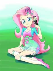 Size: 1668x2224 | Tagged: safe, artist:xjleiu, imported from derpibooru, fluttershy, bird, equestria girls, female, flower, flower in hair, sitting, smiling, solo