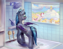 Size: 4200x3300 | Tagged: safe, artist:viwrastupr, imported from derpibooru, blossomforth, derpy hooves, oc, oc:spark gap, bat pony, pegasus, pony, fanfic:fine print, bat pony oc, bat wings, bathroom, blushing, cloud, male, shower, showering, stallion, wet, wings