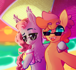 Size: 1482x1361 | Tagged: safe, artist:alrumoon.art, artist:alrumoon_art, imported from derpibooru, oc, oc only, oc:alruna moonrise, bat pony, earth pony, pony, beach, beach umbrella, chest fluff, drink, drinking, drinking straw, duo, eyebrow slit, eyebrows, eyebrows visible through hair, hoof around neck, lidded eyes, looking at you, smiling, sunglasses