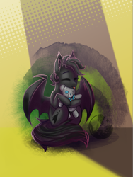 Size: 1537x2048 | Tagged: safe, artist:alrumoon.art, artist:alrumoon_art, imported from derpibooru, oc, oc only, oc:tar puddle, bat pony, pony, abstract background, eyes closed, happy, mlem, silly, smiling, solo, spread wings, teddy bear, tongue out, wings