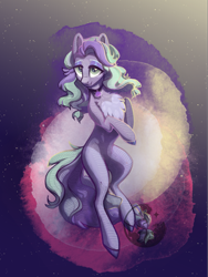 Size: 1537x2048 | Tagged: safe, artist:alrumoon.art, artist:alrumoon_art, imported from derpibooru, oc, oc only, oc:jade wimagi, earth pony, pony, abstract background, chest fluff, choker, lidded eyes, looking at you, smiling, solo