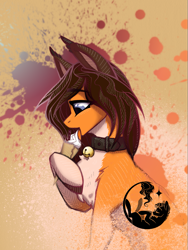 Size: 1537x2048 | Tagged: safe, artist:alrumoon.art, artist:alrumoon_art, imported from derpibooru, oc, oc only, oc:foxy, earth pony, pony, abstract background, bell, bell collar, collar, food, ice cream, solo