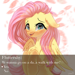 Size: 2048x2048 | Tagged: safe, artist:maybeweed, imported from derpibooru, fluttershy, pegasus, pony, blushing, bronybait, chest fluff, cute, daaaaaaaaaaaw, dialogue, female, floppy ears, heart, heart eyes, high res, looking at you, mare, open mouth, shy, shyabetes, solo, talking to viewer, visual novel, wingding eyes