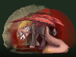 Size: 2048x1536 | Tagged: safe, artist:alrumoon.art, artist:alrumoon_art, imported from derpibooru, oc, oc only, oc:alexander fox, pegasus, pony, abstract background, blood, clothes, floppy ears, jacket, looking at you, looking back, pants, smiling, solo, spread wings, suit, wings