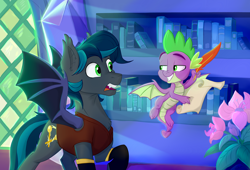 Size: 3300x2250 | Tagged: safe, artist:rutkotka, imported from derpibooru, spike, oc, oc:spark gap, bat pony, dragon, pony, fanfic:fine print, bat pony oc, bat wings, clothes, feather, flower, flying, high res, library, male, parchment, quill, scroll, smug, stallion, surprised, twilight's castle, winged spike, wings