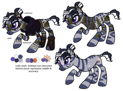 Size: 1800x1338 | Tagged: safe, artist:flipwix, imported from derpibooru, oc, oc only, oc:wyld snare, pony, zebra, belt, boots, bracelet, camouflage, cloak, clothes, dirt, dnd, dungeons and dragons, ear piercing, earring, eye scar, fantasy class, female, hood, jewelry, mud, necklace, pen and paper rpg, piercing, pouch, raised hoof, reference sheet, rogue, rpg, scar, shoes, simple background, solo, tape, teeth, tooth, transparent background, wrist tape, wrist wraps, zebra oc