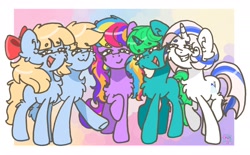 Size: 2320x1440 | Tagged: safe, artist:minty joy, imported from derpibooru, oc, oc:brave, oc:colorfull circle, oc:kimi, oc:ruban, oc:snow pearl, earth pony, pegasus, pony, unicorn, cheek fluff, chest fluff, closed mouth, cute, ear fluff, earth pony oc, eyes closed, female, fluffy, folded wings, francoponies, group, heart eyes, horn, le poney blanc, leg fluff, mare, mascot, pegasus oc, simple background, smiling, tail, twins, unicorn oc, weponies, wing fluff, wingding eyes, wings