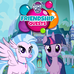 Size: 327x327 | Tagged: safe, imported from derpibooru, silverstream, twilight sparkle, alicorn, hippogriff, pony, app icon, duo, female, flash game, friendship quests, logo, looking at you, mare, my little pony logo, official, school of friendship, twilight sparkle (alicorn)