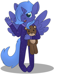 Size: 1024x1326 | Tagged: safe, artist:skyflys, imported from derpibooru, princess luna, alicorn, anthro, clothes, cute, female, filly, filly luna, footed sleeper, footie pajamas, onesie, pajamas, teddy bear, younger