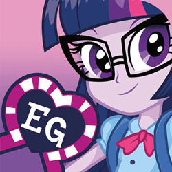 Size: 325x325 | Tagged: safe, imported from derpibooru, twilight sparkle, alicorn, equestria girls, app, app icon, backpack, close-up, clothes, error, female, female focus, females only, glasses, i can't believe it's not sci-twi, logo, purple background, simple background, solo, solo focus, twilight sparkle (alicorn), twilight's professional glasses
