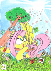Size: 1600x2224 | Tagged: safe, artist:starpaintart, imported from derpibooru, fluttershy, bird, butterfly, insect, ladybug, pegasus, pony, crepuscular rays, female, flower, flower petals, grass, head turned, heart eyes, looking up, lying down, mare, open mouth, outdoors, perspective, petals, prone, smiling, solo, spread wings, sun, swing, traditional art, tree, turned head, wingding eyes, wings