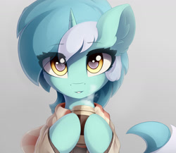 Size: 1280x1110 | Tagged: safe, artist:ifmsoul, imported from derpibooru, lyra heartstrings, pony, unicorn, bust, cheek fluff, clothes, coffee cup, cup, cute, ear fluff, eye clipping through hair, female, high res, hoof hold, looking at you, lyrabetes, mare, scarf, solo, sweater
