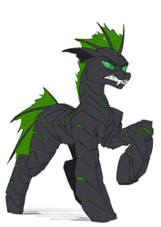 Size: 2480x3508 | Tagged: safe, artist:underpable, imported from derpibooru, oc, oc only, oc:villainshima, changeling, armor, colored, commission, exoskeleton, fangs, green changeling, high res, sharp teeth, simple background, sketch, solo, teeth, white background