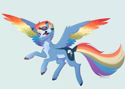 Size: 2114x1500 | Tagged: safe, artist:nyota71, imported from derpibooru, rainbow dash, pegasus, pony, alternate hairstyle, bald face, bat ears, blaze (coat marking), chest fluff, coat markings, colored hooves, colored pupils, colored wings, ear fluff, facial markings, feathered fetlocks, flying, goggles, gradient wings, looking at you, markings, multicolored hair, multicolored wings, pale belly, rainbow wings, redesign, sharp teeth, short hair, solo, teeth, wings