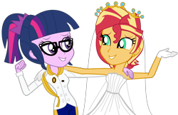 Size: 3452x2234 | Tagged: safe, artist:jadeharmony, artist:jadethepegasus, imported from derpibooru, sci-twi, sunset shimmer, twilight sparkle, fanfic:sunset shimmer discovers her feet, equestria girls, clothes, crossover, crown, cute, dress, fanfic art, female, glasses, happily ever after, happy, high res, jewelry, lesbian, marriage, regalia, romance, scitwishimmer, shimmerbetes, shipping, sleeveless, smiling, sunsetsparkle, the little mermaid, wedding, wedding dress