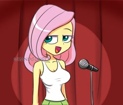 Size: 1750x1500 | Tagged: safe, artist:handgunboi, imported from derpibooru, fluttershy, equestria girls, bedroom eyes, breasts, busty fluttershy, cleavage, clothes, female, lidded eyes, microphone, open mouth, sleeveless, solo, tanktop