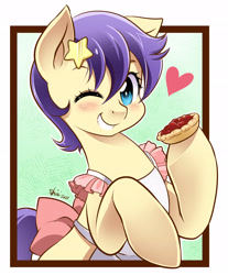 Size: 4840x5856 | Tagged: safe, artist:nekoshiei, imported from derpibooru, star dancer, earth pony, pony, my little pony: the manga, absurd resolution, apron, baking, clothes, female, food, mare, one eye closed, pie, signature, smiling, solo, stars, wink