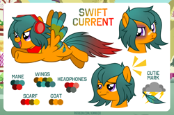 Size: 1200x798 | Tagged: safe, artist:jennieoo, imported from derpibooru, oc, oc only, oc:swift current, pegasus, pony, bruised, flying, headphones, pegasus oc, reference, reference sheet, shiner, show accurate, smug, solo, vector, wings