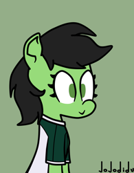 Size: 1000x1280 | Tagged: safe, artist:jojodidu, imported from derpibooru, oc, oc only, oc:filly anon, earth pony, pony, bolivia, clothes, female, filly, football, green background, green eyes, oriente petrolero, shirt, simple background, smiling, solo, sports