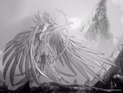 Size: 3185x2412 | Tagged: safe, artist:zidanemina, imported from derpibooru, captain celaeno, avian, my little pony: the movie, archery, black and white, bow (weapon), crossover, gold saint, grayscale, high res, monochrome, sagittarius, saint seiya, solo
