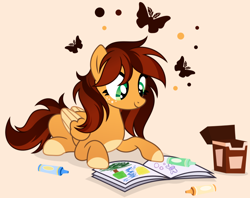 Size: 978x776 | Tagged: safe, artist:pumpkinpieforlife, edit, editor:nc-tv, imported from derpibooru, oc, oc only, oc:goldi, butterfly, pegasus, art trade, box, colored wings, coloring book, commission, crayon, crayons, cropped, cute, drawing, freckles, gradient mane, looking down, multicolored wings, ocbetes, pegasus oc, profile, request, smiling, socks (coat markings), two toned mane, two toned wings, wings